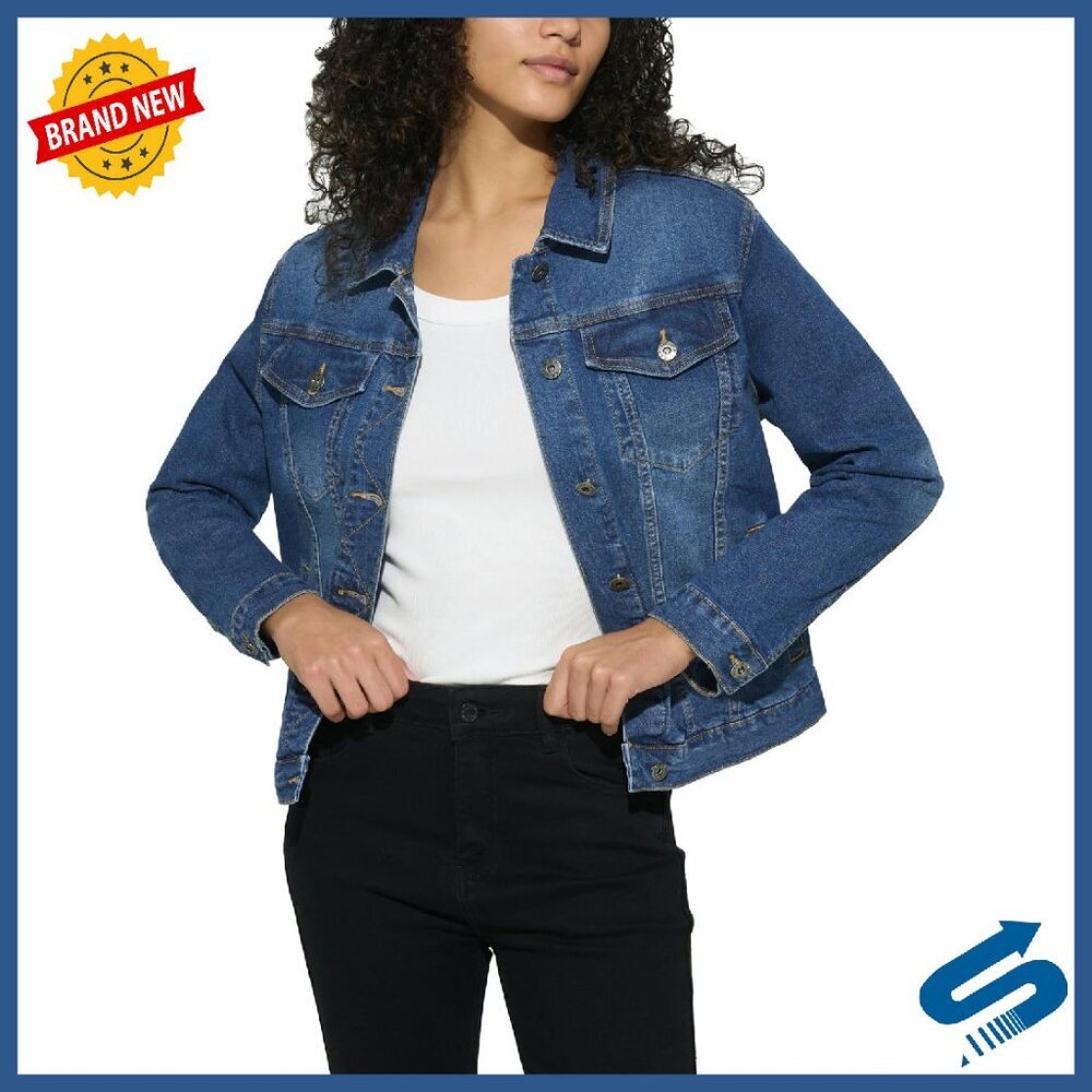 Stretchy Denim Jacket Women's Long Sleeve Trucker Coat with Pockets